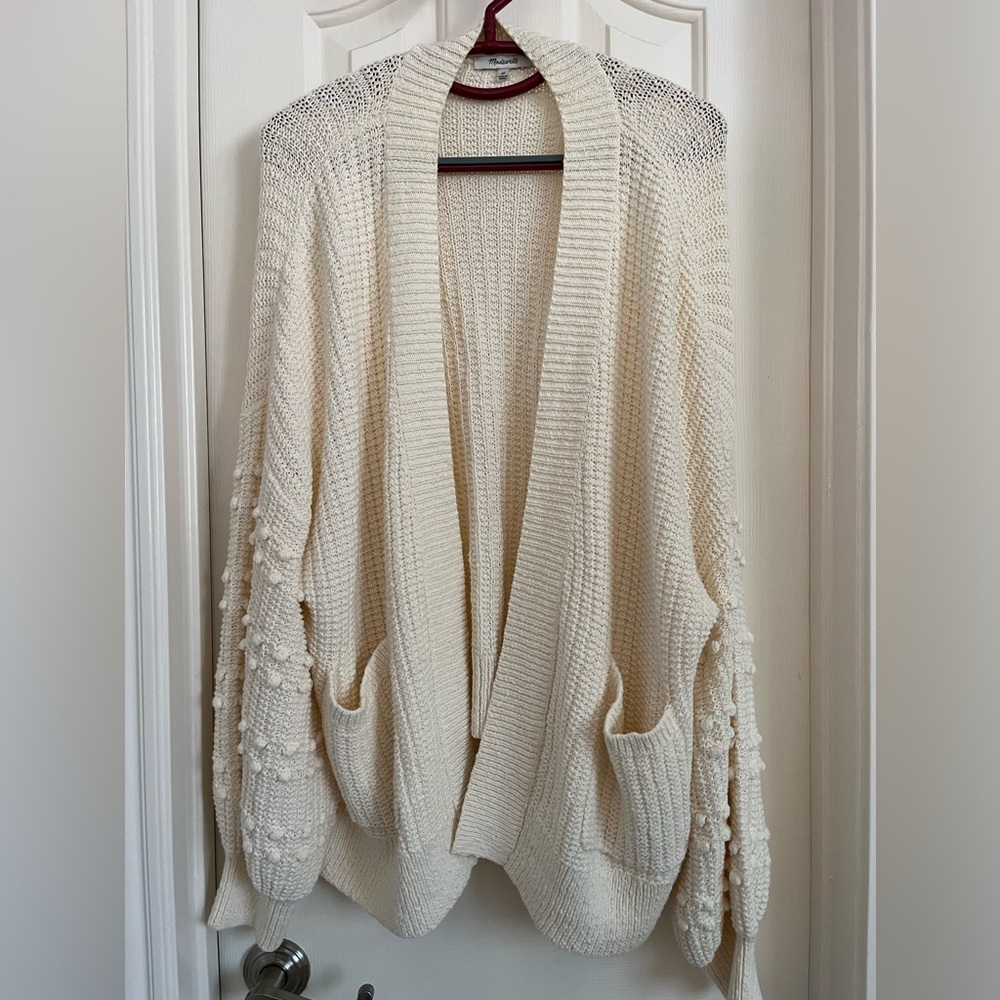 Madewell Bobble Pom Pom Balloon Sleeve Cardigan in Cream Lighthouse, Size 2X